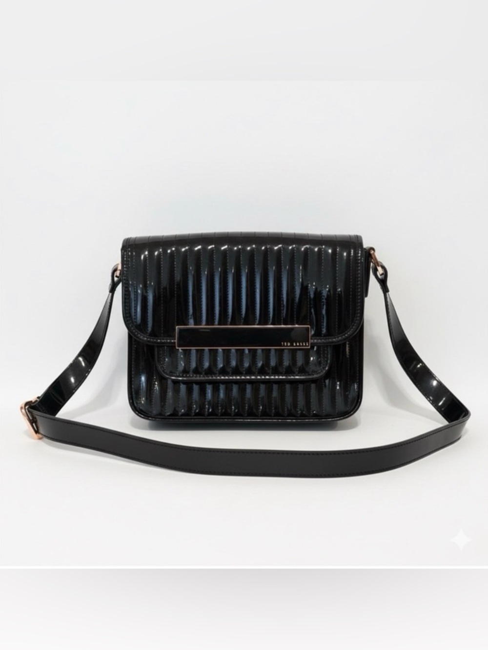 🆕 Ted Baker | Black Patent Leather Crossbody Bag with Rose Gold Hardware Details